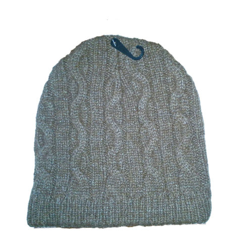 Alpaca yarn hat shown in gray. Available in gray, brown, and cream